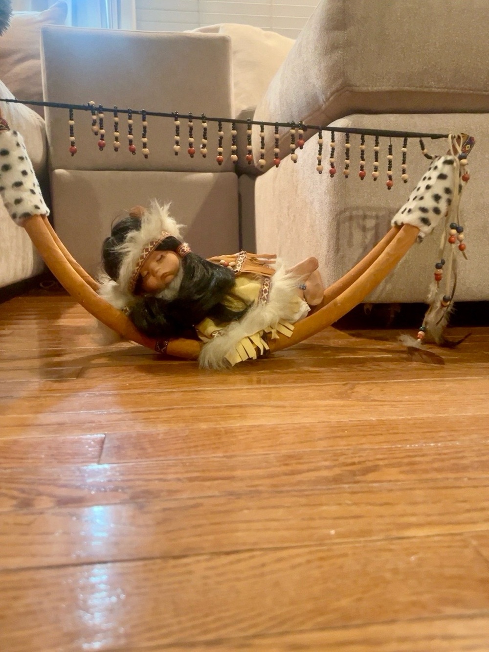 Collectible Porcelain Sleeping Doll w/ Large Beaded Hammock Display